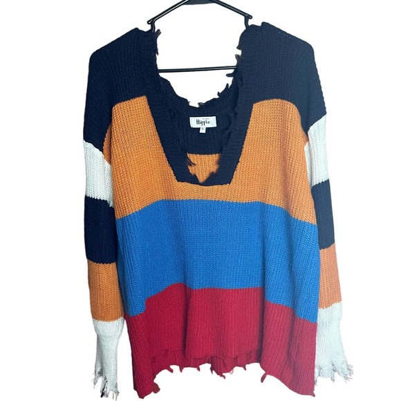 Military Hippie v-neck color block frayed hem‎ sweater size large - Picture 1 of 7